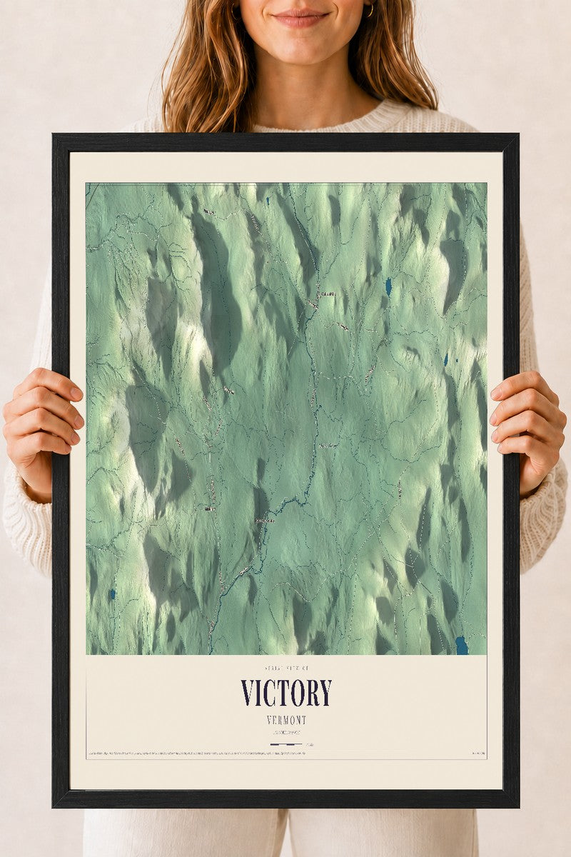 Victory, Vermont map print - 18 x 24 black Ayous wood frame