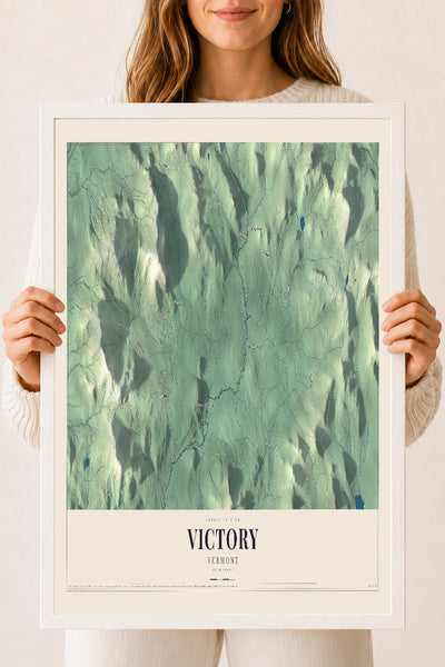 Victory, Vermont map print - 18 x 24 white Ayous wood frame