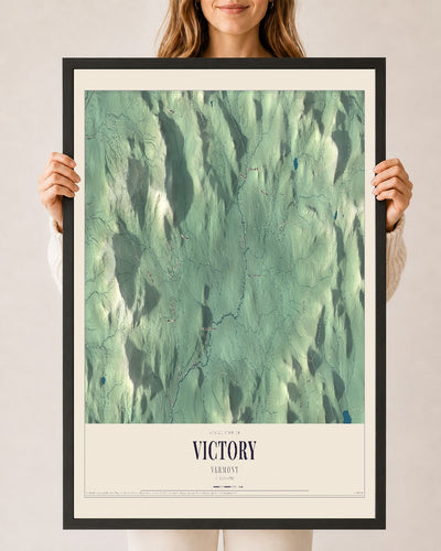Victory, Vermont map print - 24 x 36 black Ayous wood frame