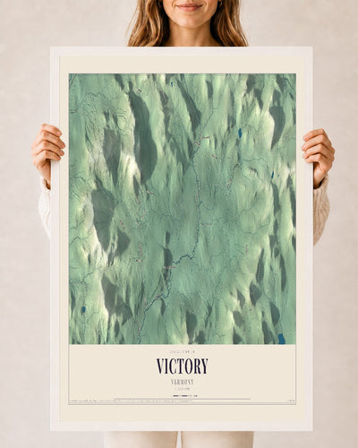 Victory, Vermont map print - 24 x 36 white Ayous wood frame