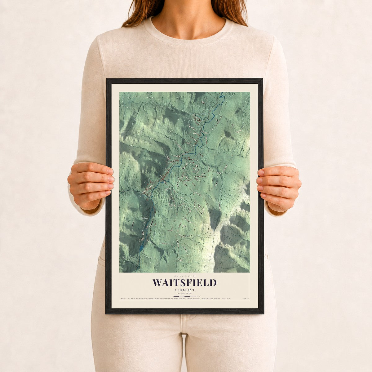 Waitsfield, Vermont map print - 12 x 18 black Ayous wood frame