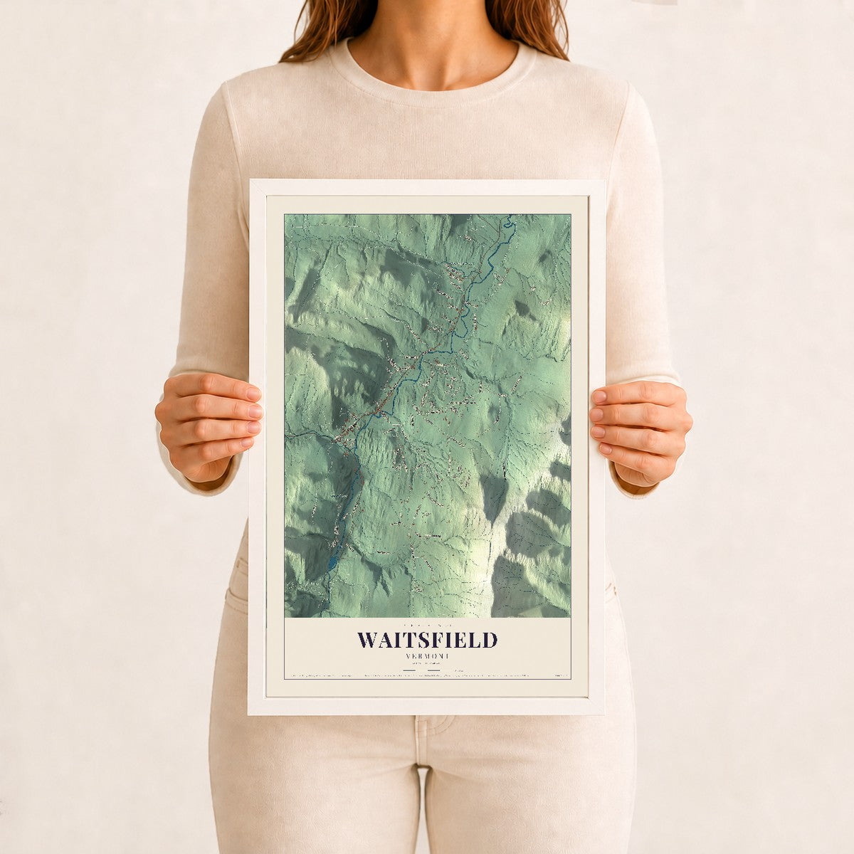 Waitsfield, Vermont map print - 12 x 18 white Ayous wood frame