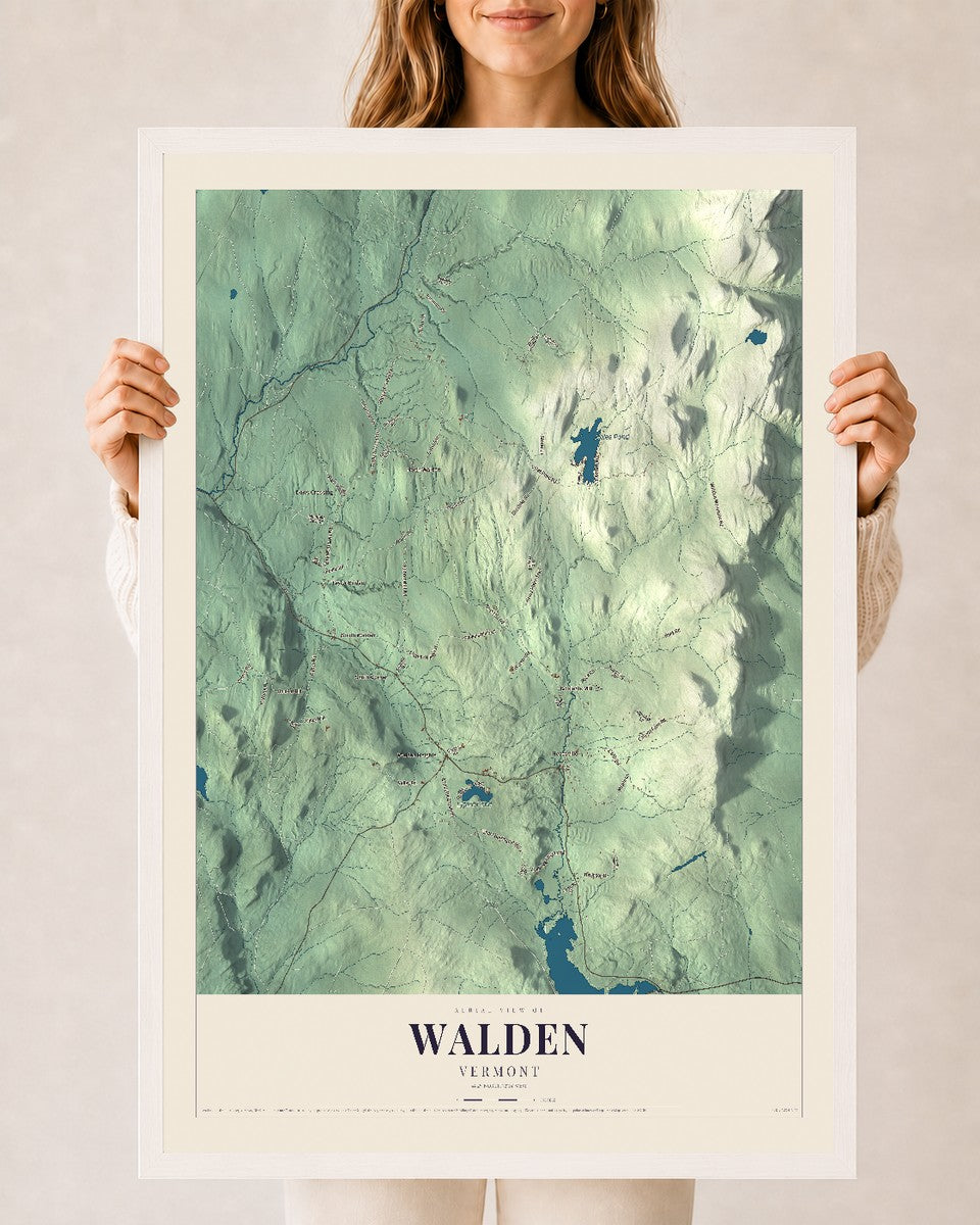 Walden, Vermont map print - 24 x 36 white Ayous wood frame