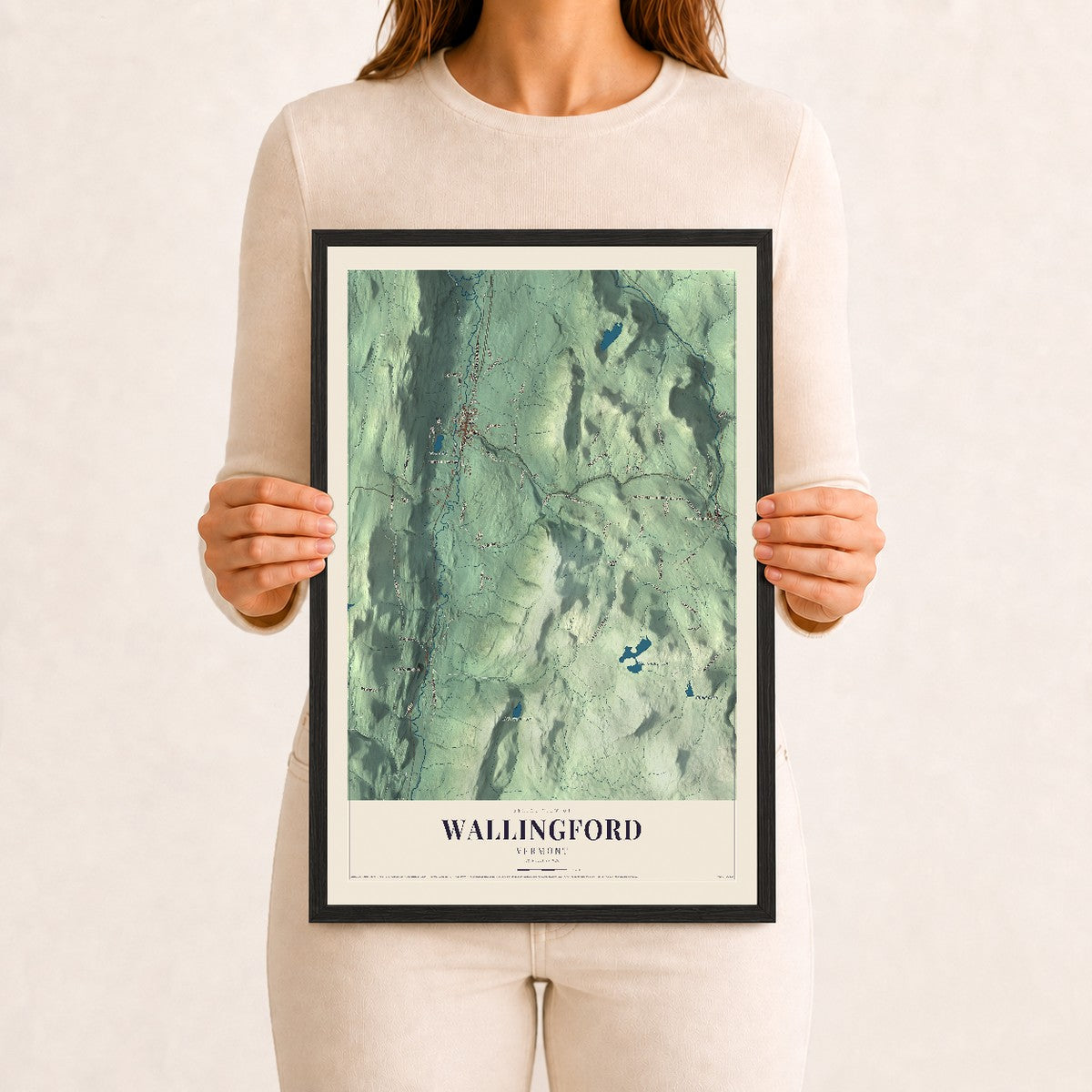 Wallingford, Vermont map print - 12 x 18 black Ayous wood frame