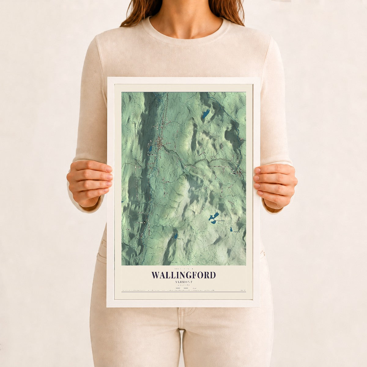 Wallingford, Vermont map print - 12 x 18 white Ayous wood frame