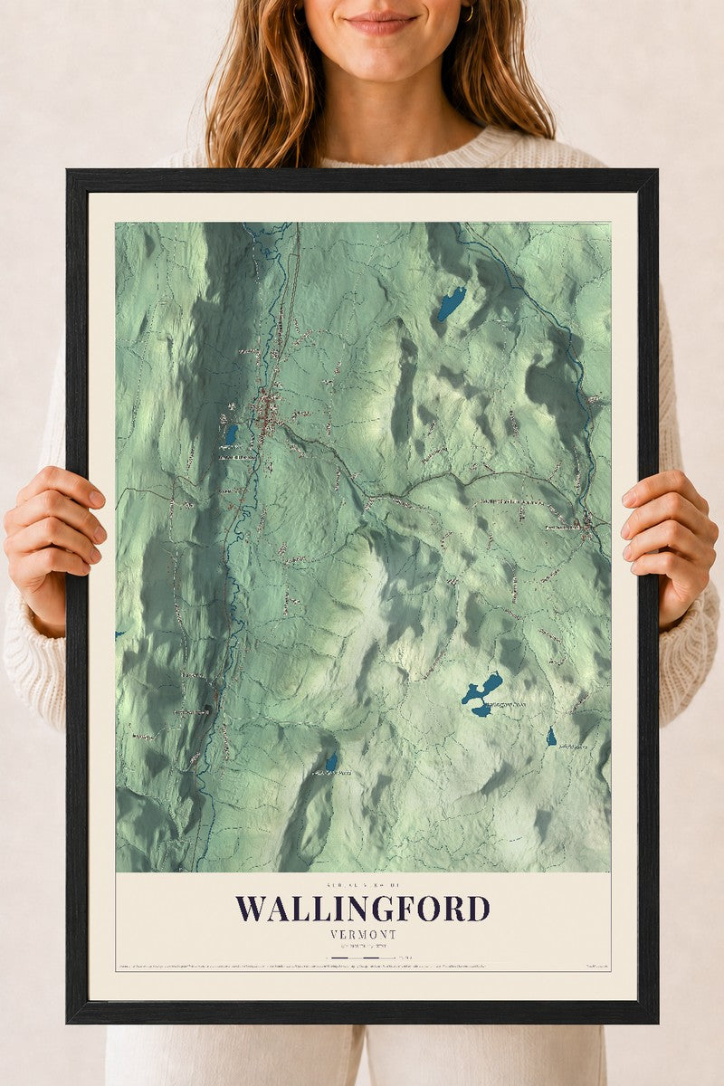 Wallingford, Vermont map print - 18 x 24 black Ayous wood frame