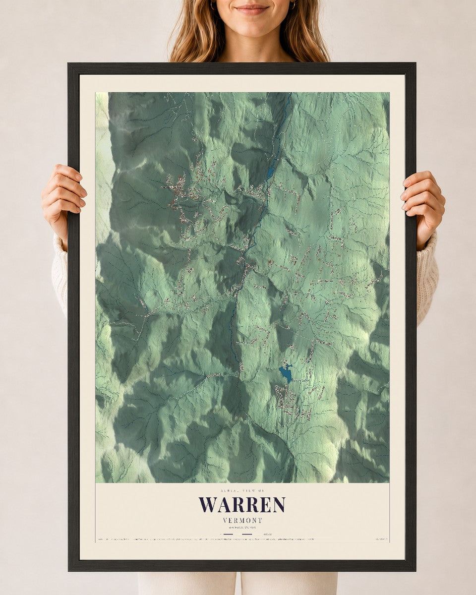 Warren, Vermont map print - 24 x 36 black Ayous wood frame