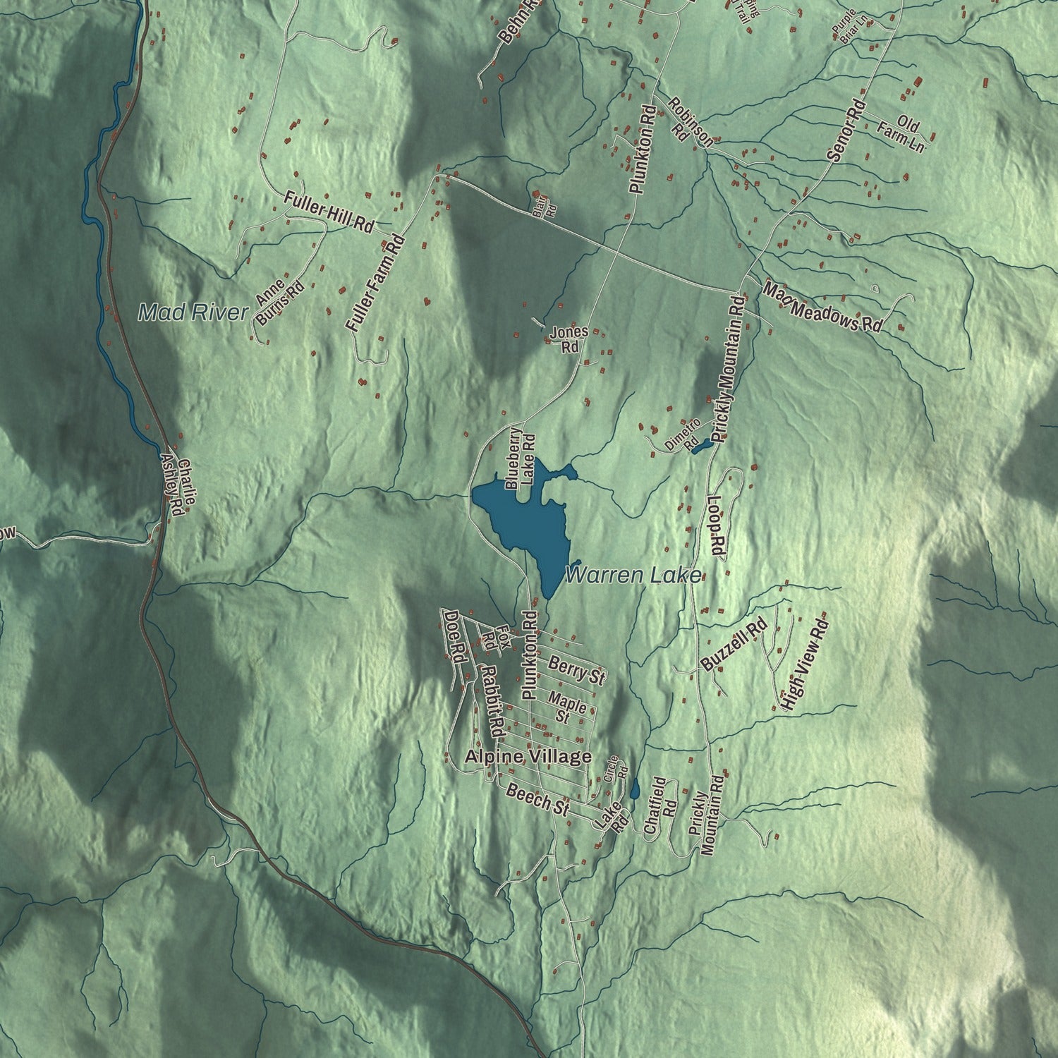 Terrain and local geography detail from the Warren, Vermont map
