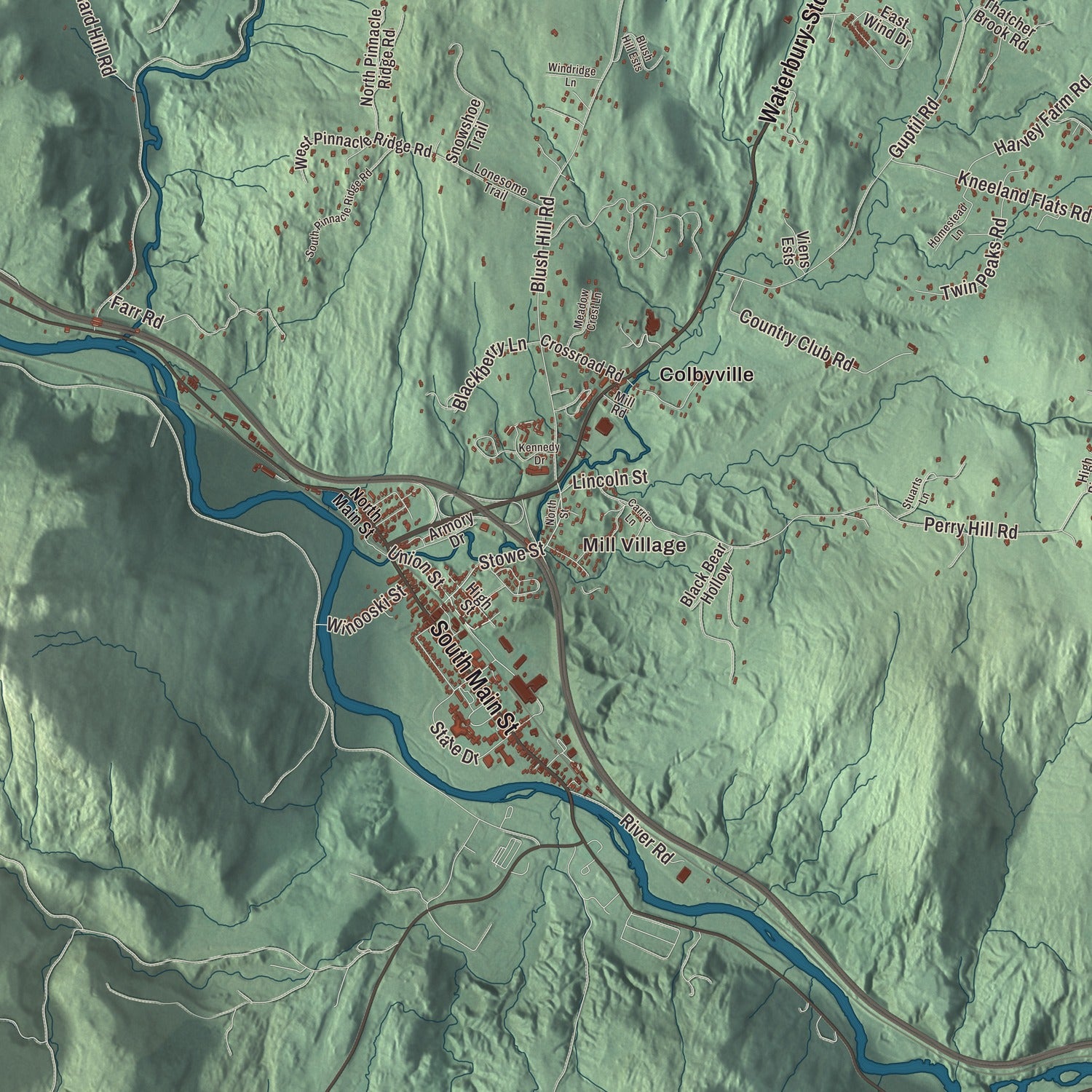 Street and neighborhood detail from the Waterbury, Vermont map