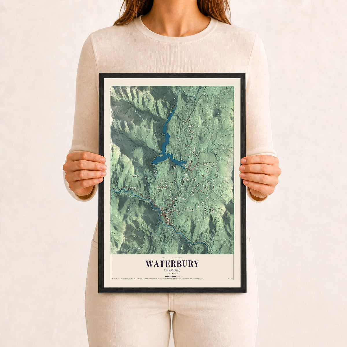 Waterbury, Vermont map print - 12 x 18 black Ayous wood frame