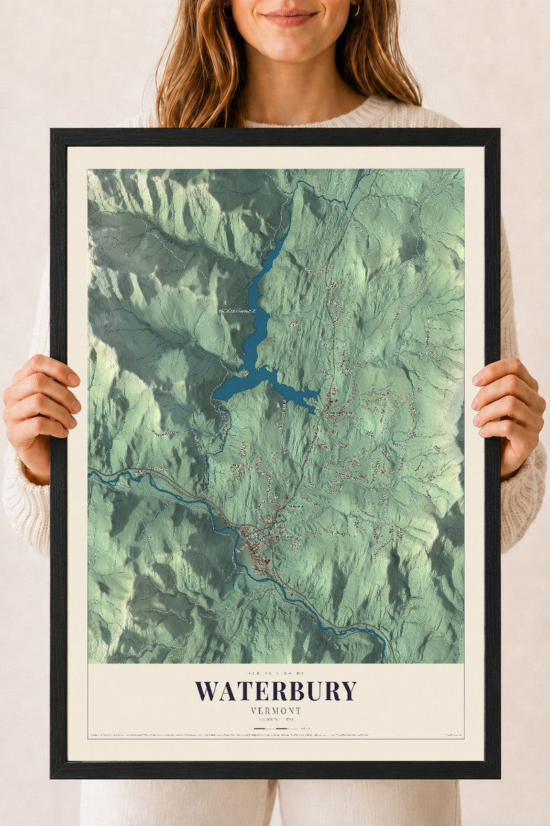 Waterbury, Vermont map print - 18 x 24 black Ayous wood frame