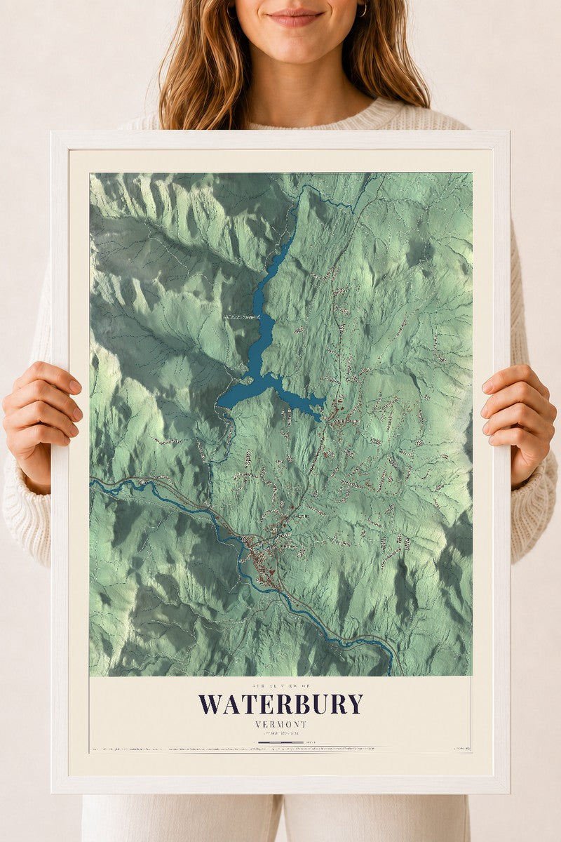 Waterbury, Vermont map print - 18 x 24 white Ayous wood frame