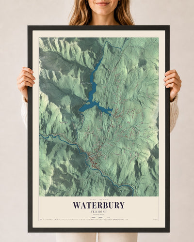 Waterbury, Vermont map print - 24 x 36 black Ayous wood frame