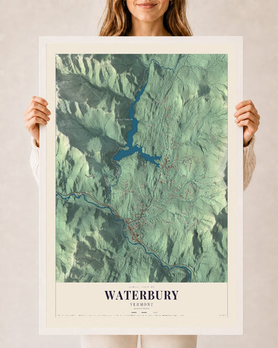 Waterbury, Vermont map print - 24 x 36 white Ayous wood frame
