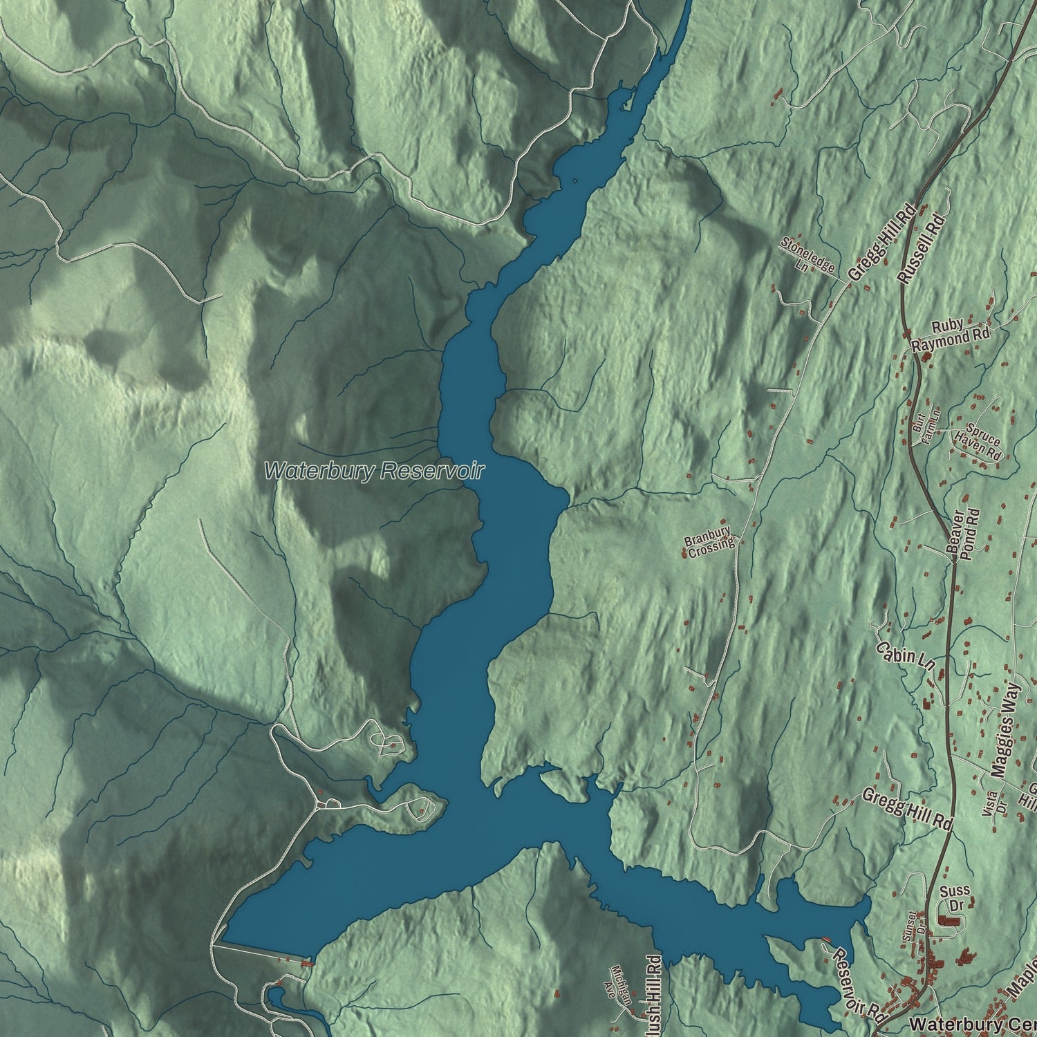 Terrain and local geography detail from the Waterbury, Vermont map