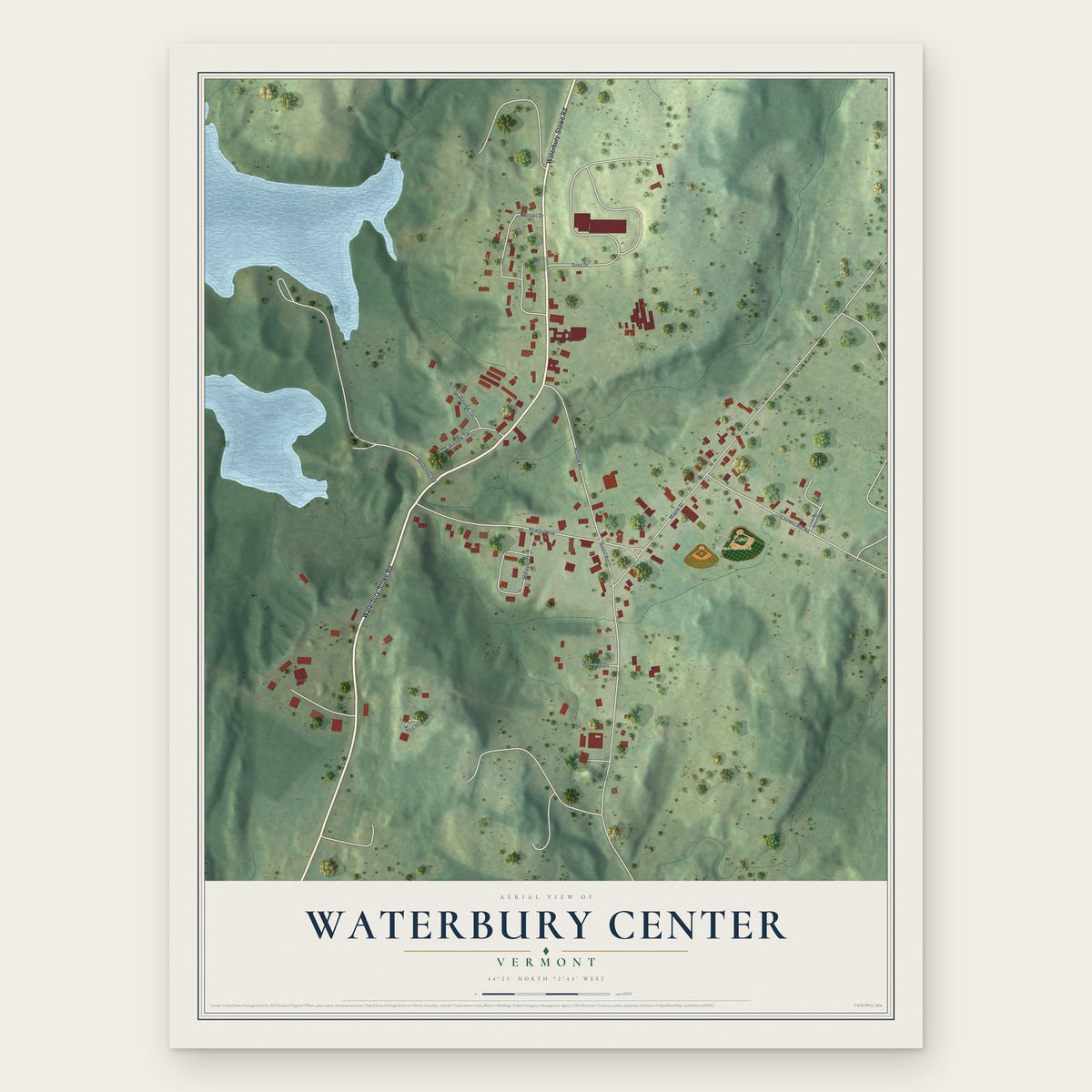 Waterbury Center, Vermont map print, the full design
