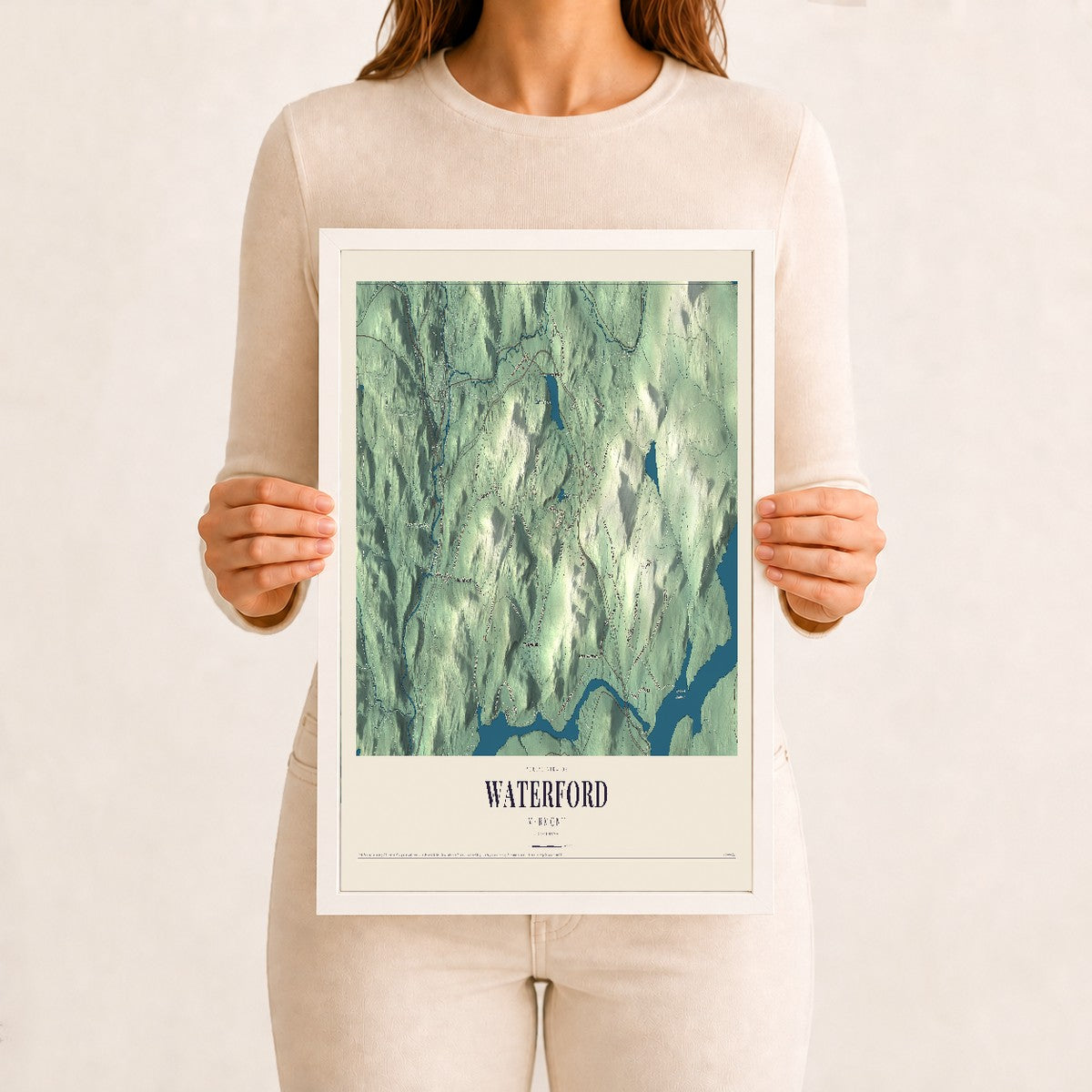 Waterford, Vermont map print - 12 x 18 white Ayous wood frame