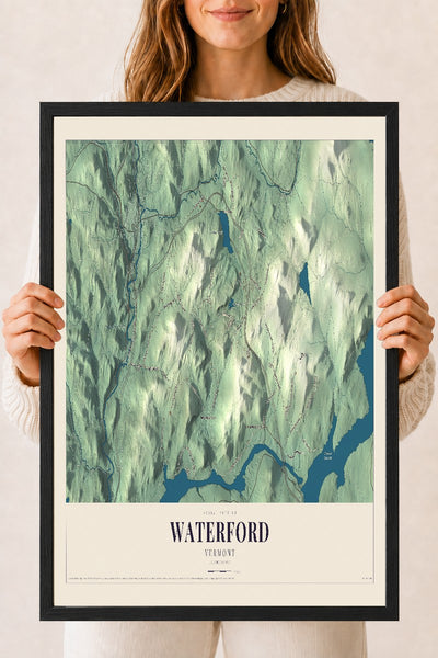 Waterford, Vermont map print - 18 x 24 black Ayous wood frame