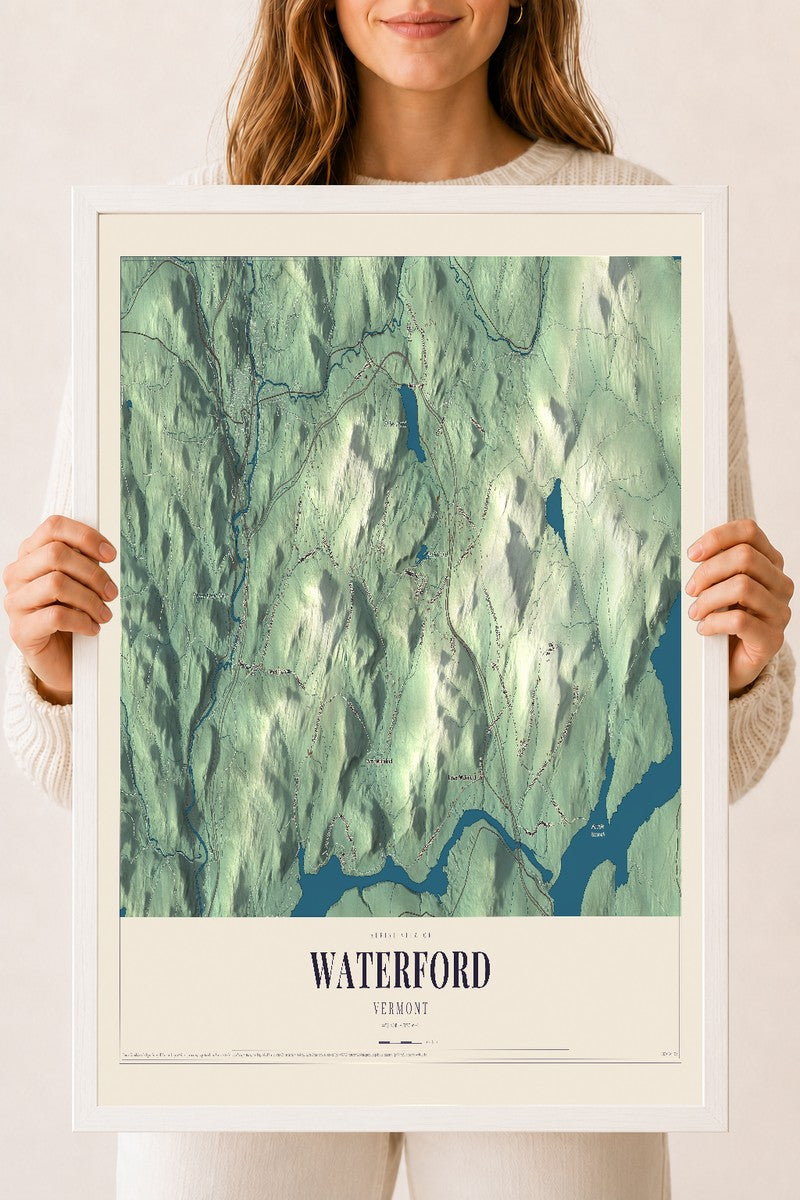 Waterford, Vermont map print - 18 x 24 white Ayous wood frame