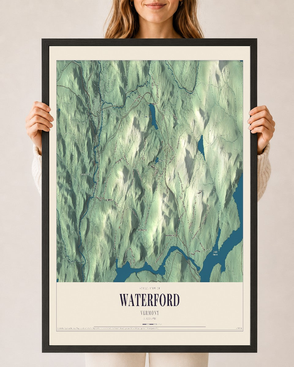 Waterford, Vermont map print - 24 x 36 black Ayous wood frame