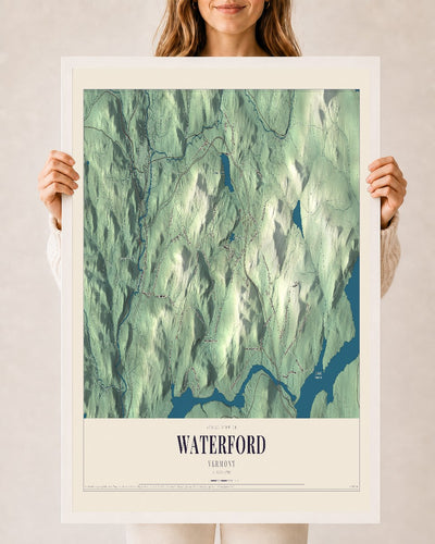 Waterford, Vermont map print - 24 x 36 white Ayous wood frame
