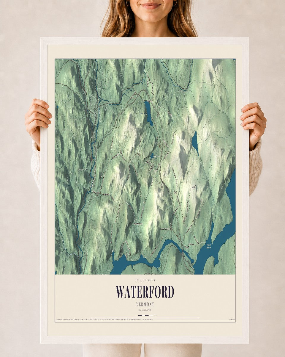 Waterford, Vermont map print - 24 x 36 white Ayous wood frame