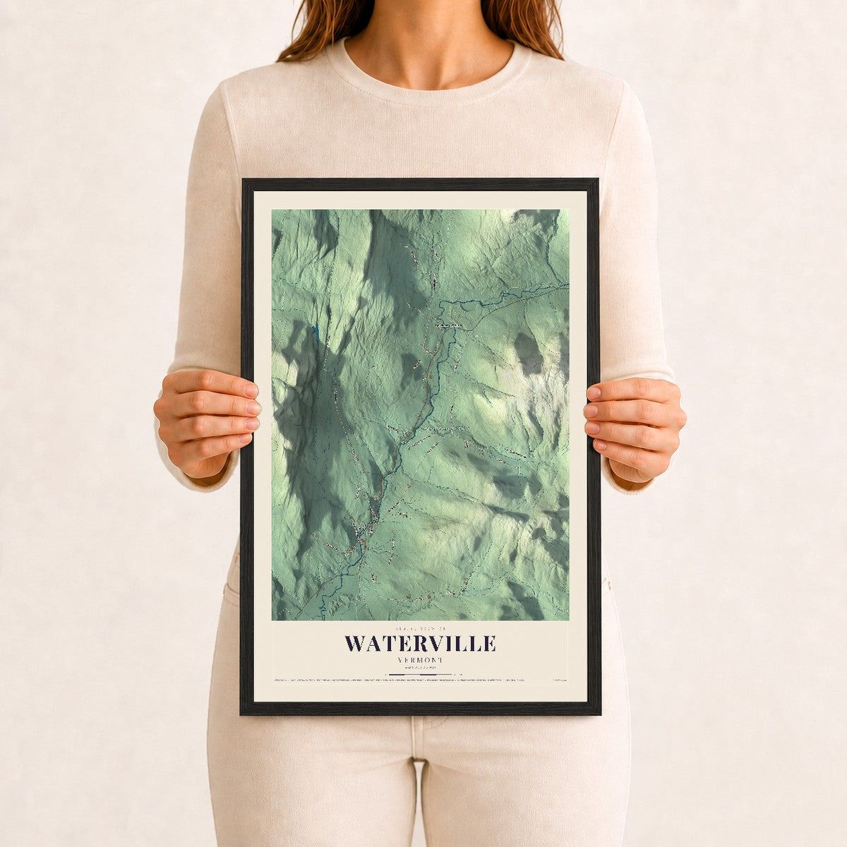 Waterville, Vermont map print - 12 x 18 black Ayous wood frame