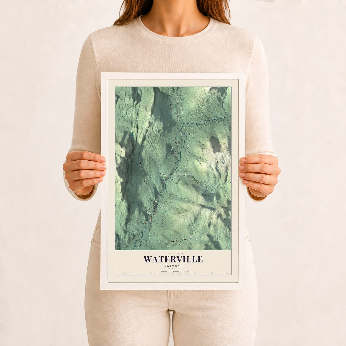 Waterville, Vermont map print - 12 x 18 white Ayous wood frame