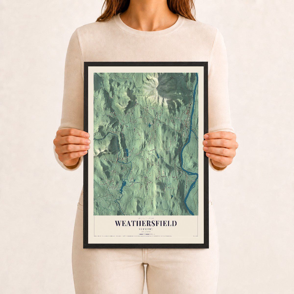 Weathersfield, Vermont map print - 12 x 18 black Ayous wood frame