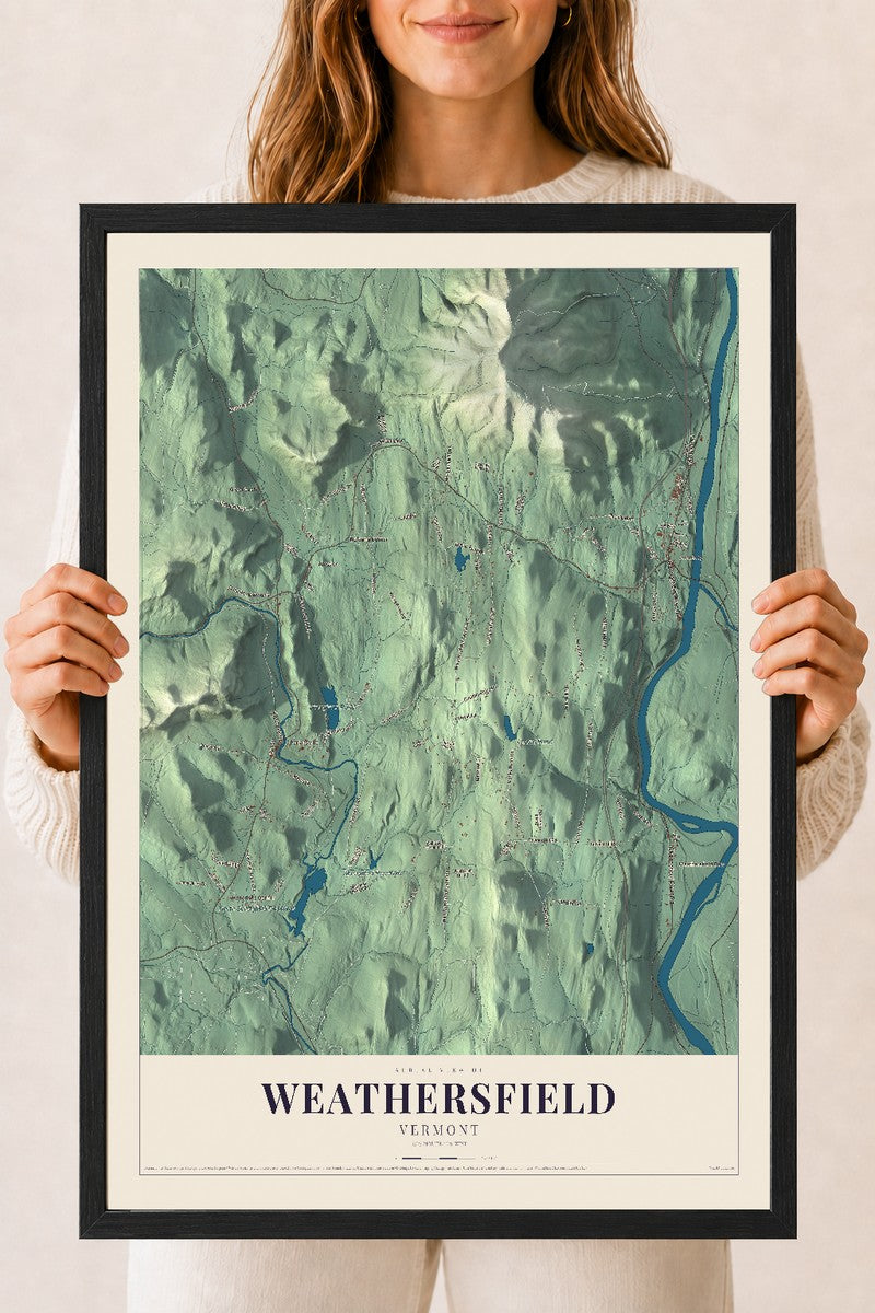 Weathersfield, Vermont map print - 18 x 24 black Ayous wood frame