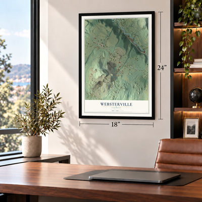 Websterville, Vermont map, 18 x 24 inch print in a black frame in a home office