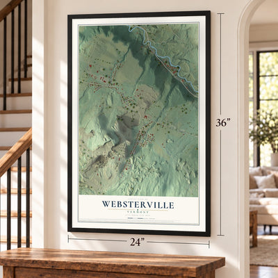 Websterville, Vermont map, 24 x 36 inch print in a black frame by a staircase