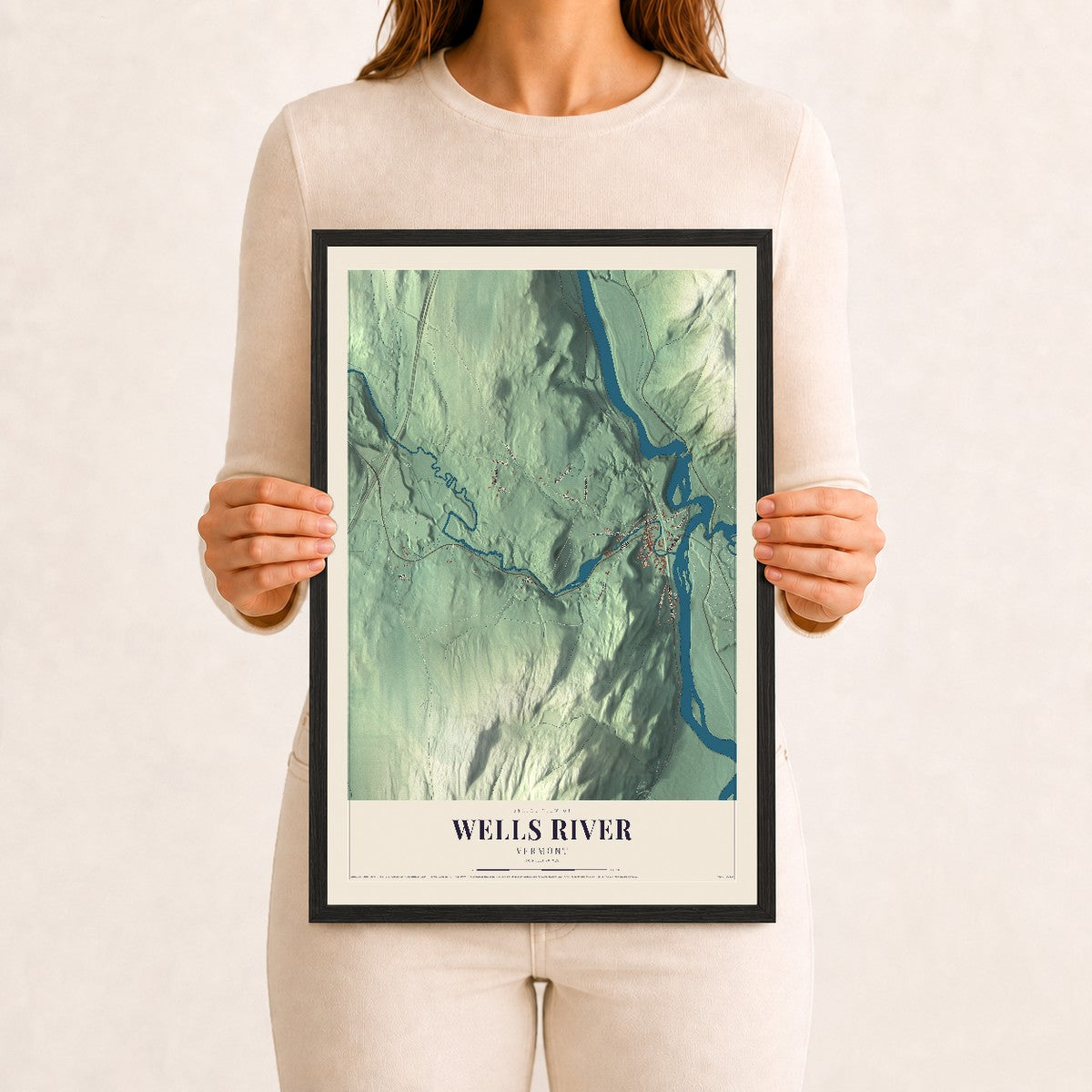 Wells River, Vermont map print - 12 x 18 black Ayous wood frame