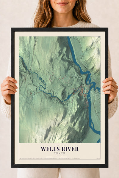 Wells River, Vermont map print - 18 x 24 black Ayous wood frame