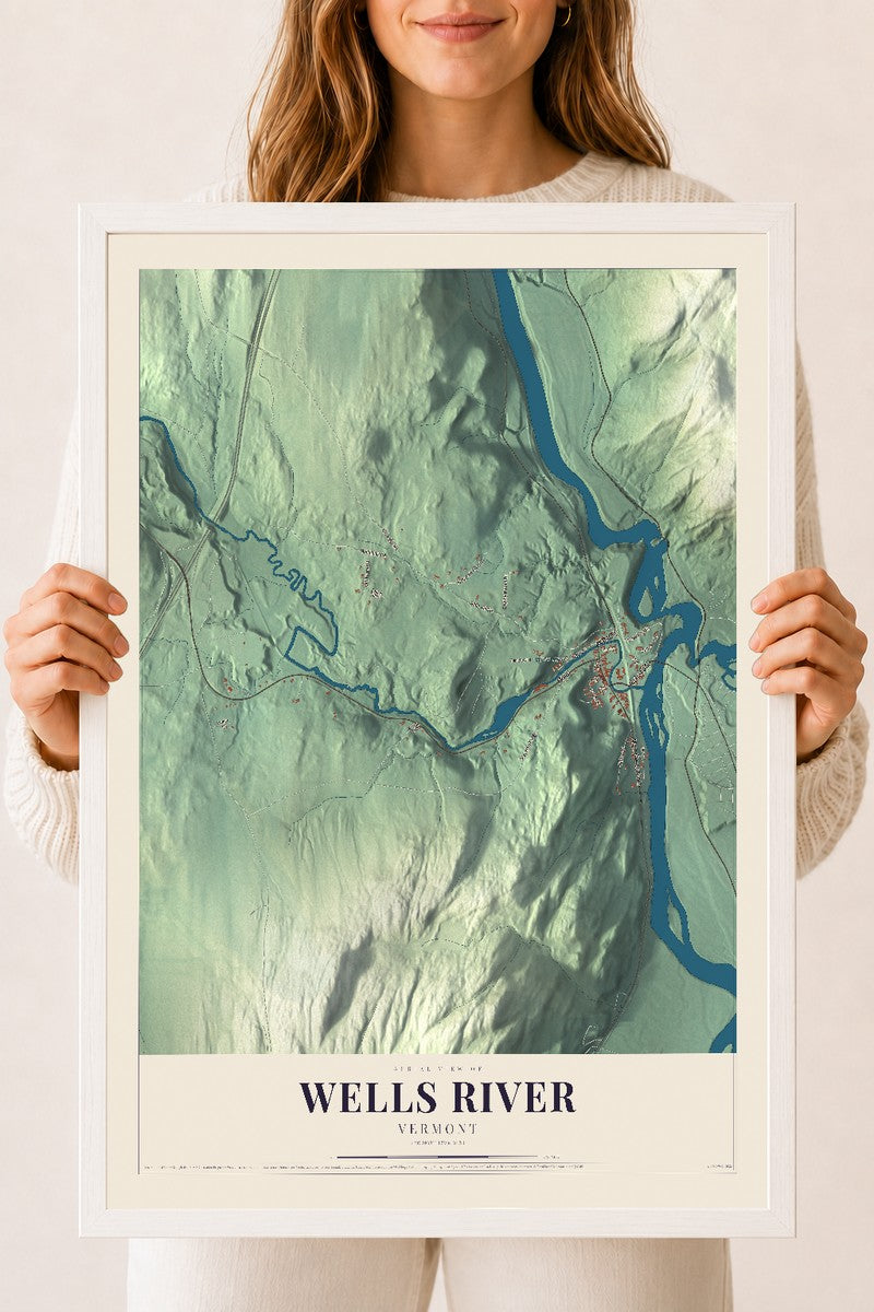 Wells River, Vermont map print - 18 x 24 white Ayous wood frame