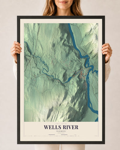 Wells River, Vermont map print - 24 x 36 black Ayous wood frame