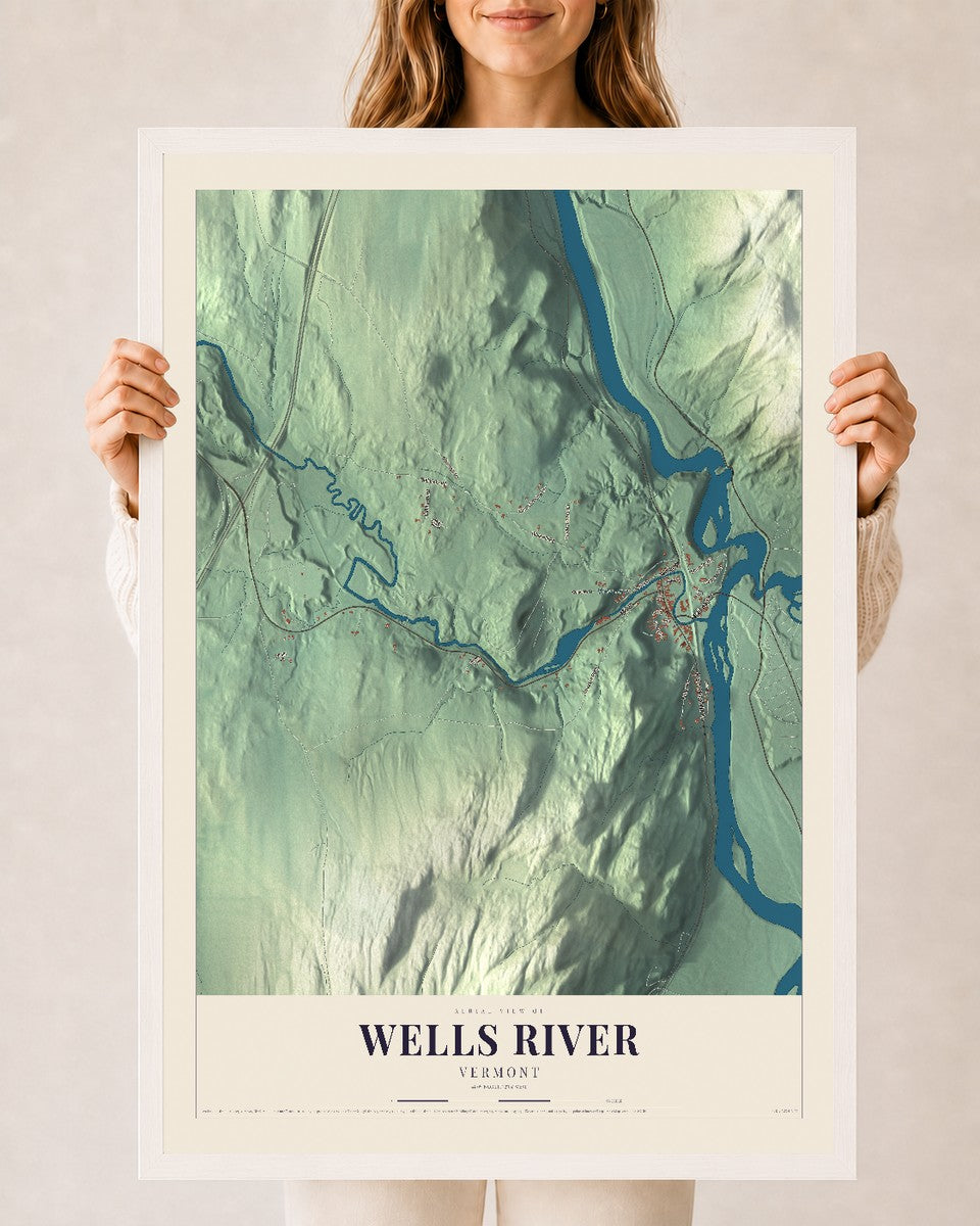 Wells River, Vermont map print - 24 x 36 white Ayous wood frame