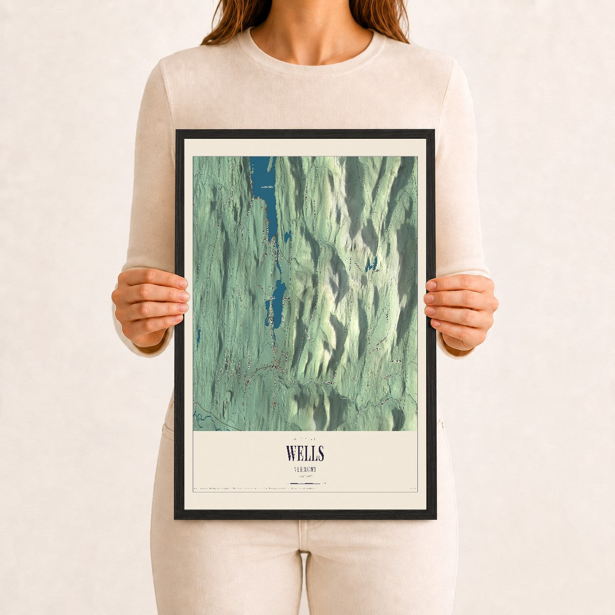 Wells, Vermont map print - 12 x 18 black Ayous wood frame