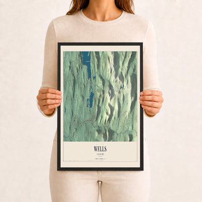 Wells, Vermont map print - 12 x 18 black Ayous wood frame