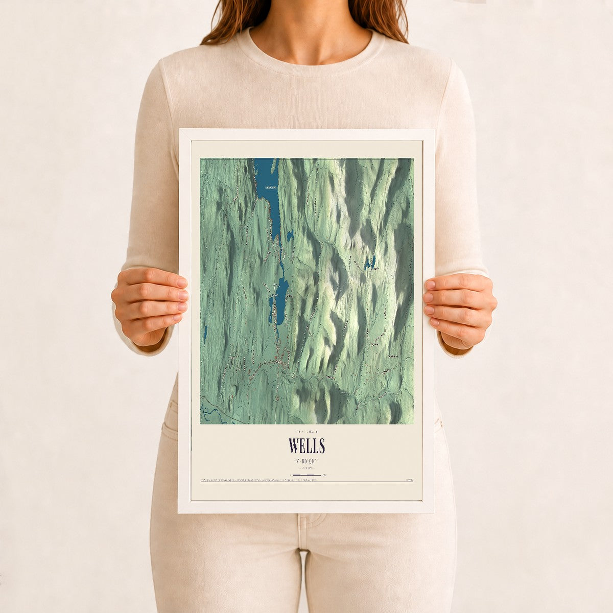 Wells, Vermont map print - 12 x 18 white Ayous wood frame