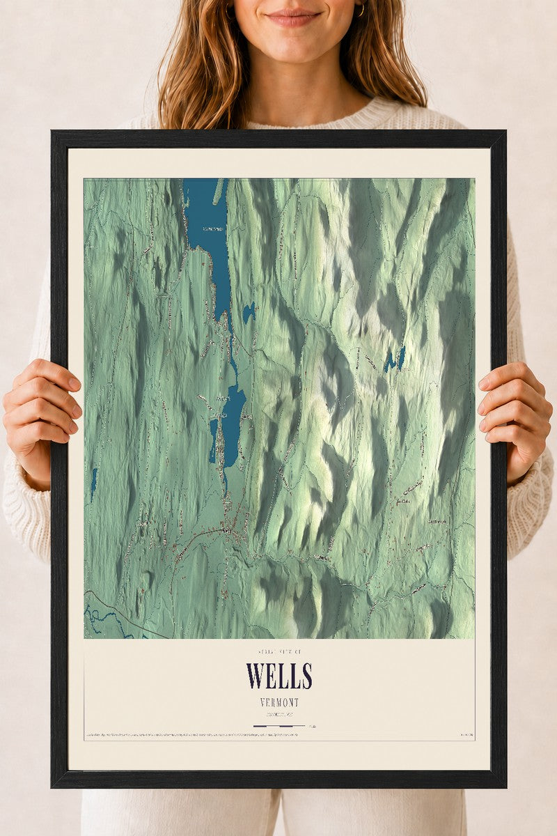 Wells, Vermont map print - 18 x 24 black Ayous wood frame