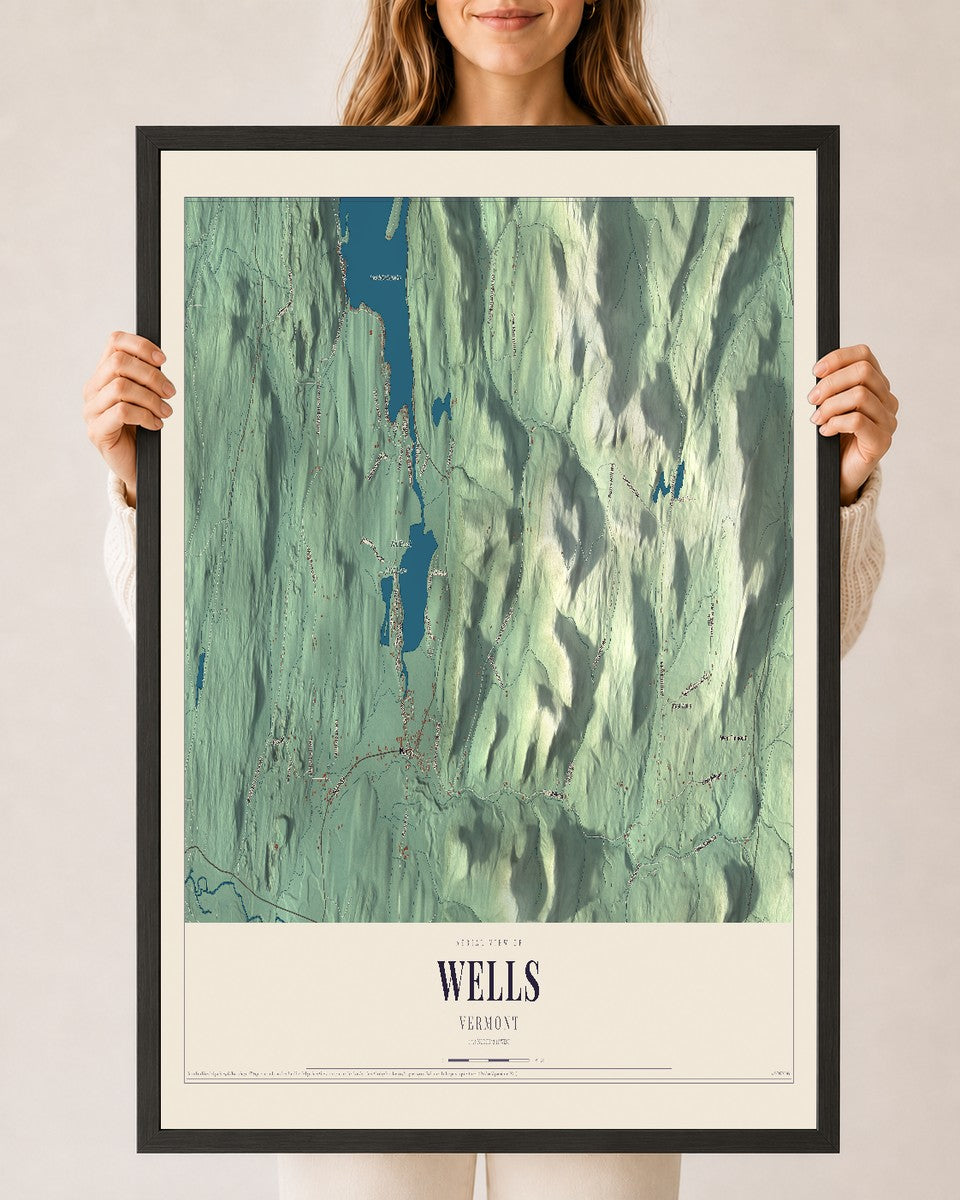 Wells, Vermont map print - 24 x 36 black Ayous wood frame