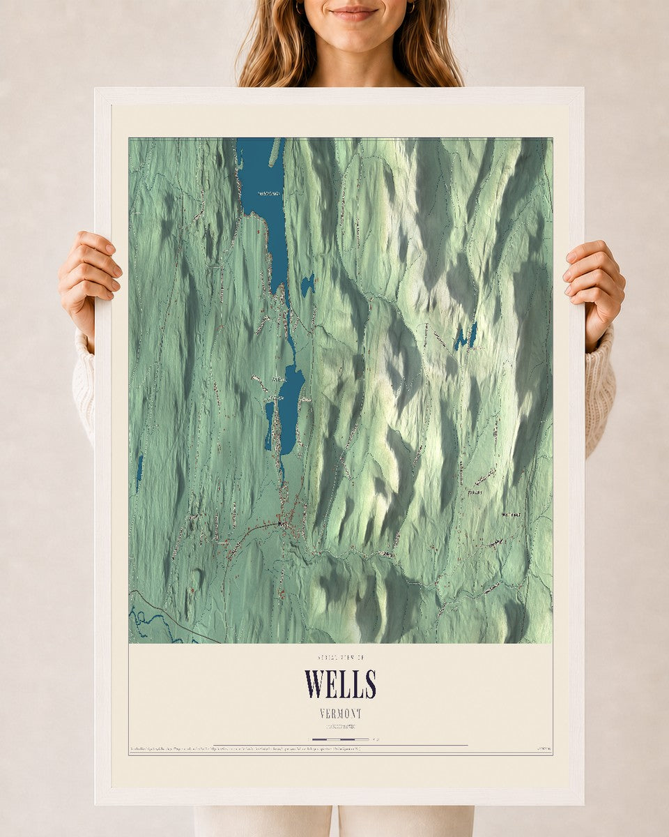 Wells, Vermont map print - 24 x 36 white Ayous wood frame