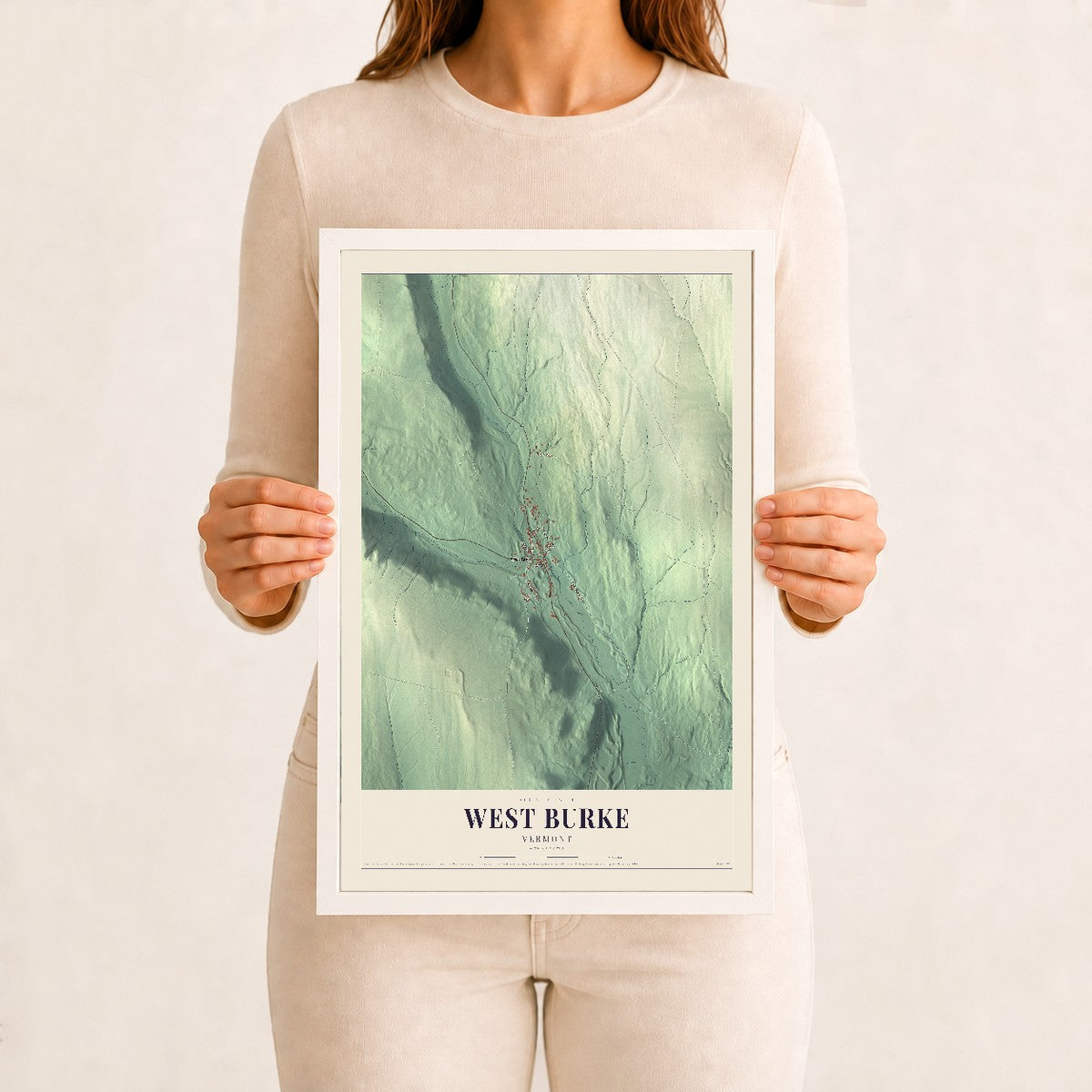West Burke, Vermont map print - 12 x 18 white Ayous wood frame