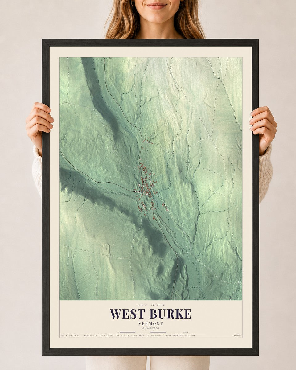 West Burke, Vermont map print - 24 x 36 black Ayous wood frame