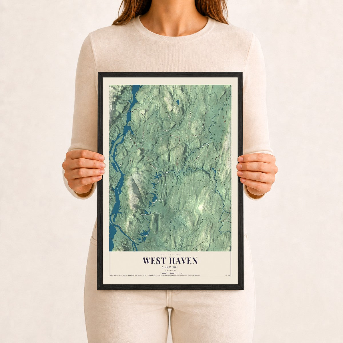 West Haven, Vermont map print - 12 x 18 black Ayous wood frame
