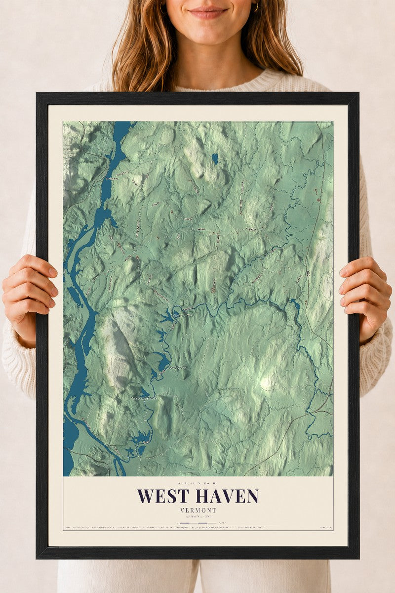 West Haven, Vermont map print - 18 x 24 black Ayous wood frame