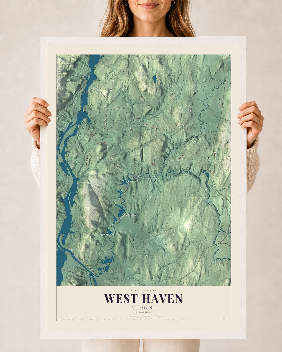 West Haven, Vermont map print - 24 x 36 white Ayous wood frame