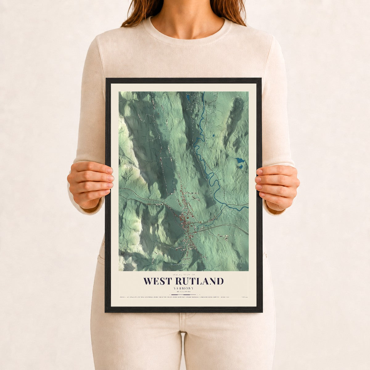 West Rutland, Vermont map print - 12 x 18 black Ayous wood frame
