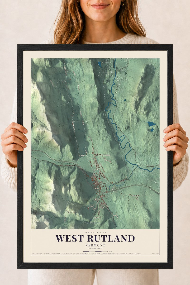 West Rutland, Vermont map print - 18 x 24 black Ayous wood frame